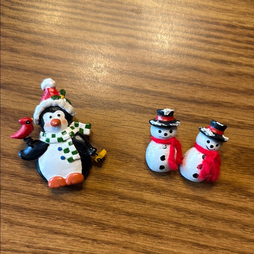 Festive Penguin Pin and Snowmen Earrings